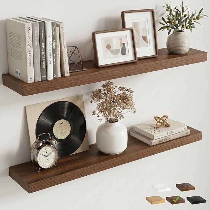 Venusmiles Floating Shelves for Wall, 36 Inch Floating Shelves Set of 2, 6.5" D Wooden Wall Mounted Display Shelves with Invisible Brackets for Living Room, Bedroom, Bathroom, Kitchen Decor, Walnut