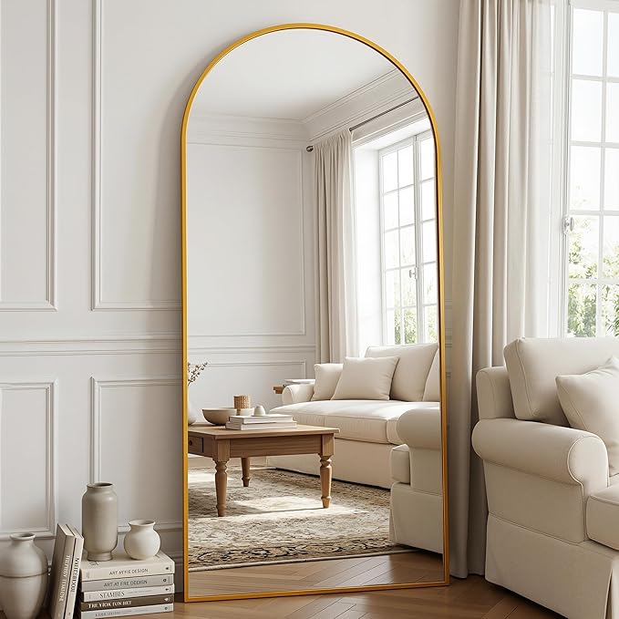 Antok Full Length Floor Mirror Arched Standing Mirror with Aluminum Frame - Freestanding Wall Mount Leaning Body Mirror for Bedroom Living Room Entryway, 76" L x 34" W, Gold