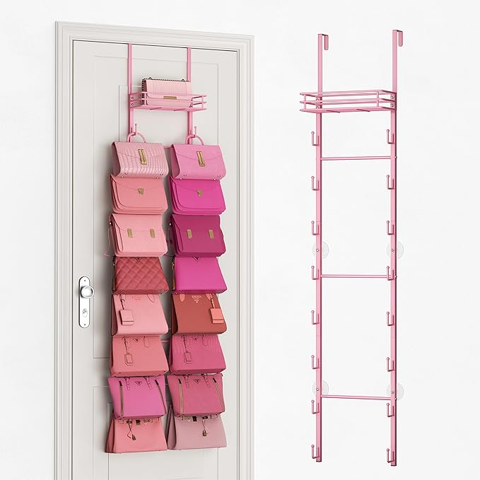 SWTYMIKI Over The Door Purse Organizer - Wall Mounted Handbag Organizer with 16 Hooks and Metal Basket, Hanging Purse Storage Rack Holds up to 16 Bags, Bag Rack Can Use As 1/2 Part, for Door, Closet