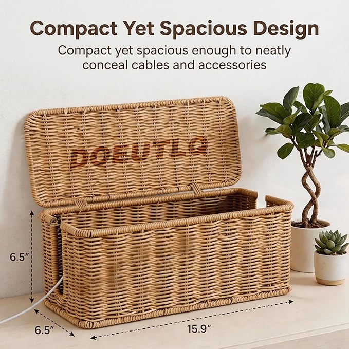 Desk Organizer Decorative Rattan Decor Countertop Cable Management Box Charging Station for Appliances Cord Hider Office Storage Router with Lid Under Wire Tech Basket Extension Phone Cute Handmade