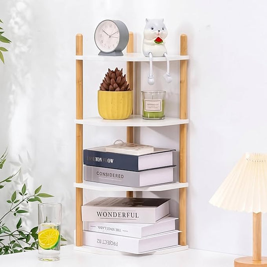 4-Tier Expandable Bamboo Corner Shelf - Dish/Plate Organizer for Cabinet, Kitchen Counter Shelf & Small Kitchen Shelf, Adjustable (White, 1-Pc 4-Tier)
