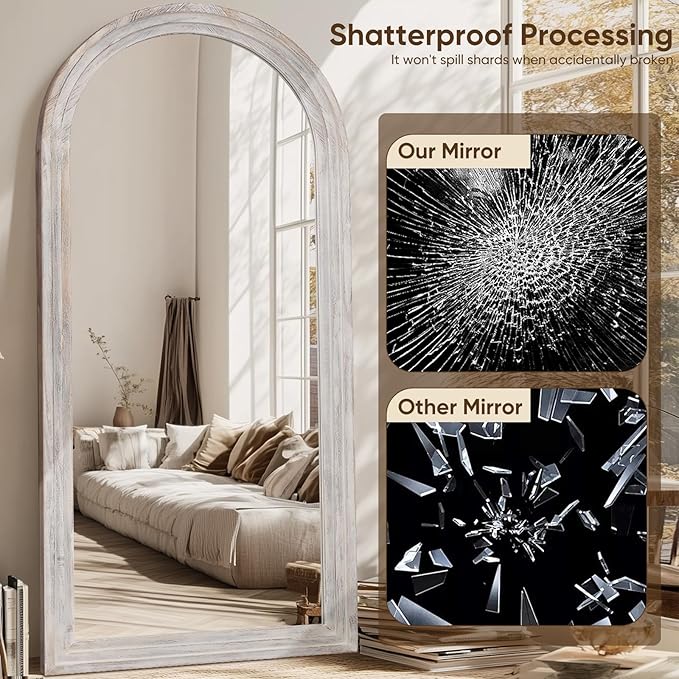 Full Length Mirror, 76"x34" Wooden Mirror Full Length with Stand Wood Floor Mirror, Oversized Stand Up Mirrors Large Wall Mirrors, Wall Mounted Mirrors, Arched Wood Style, White