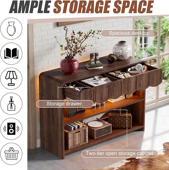 PAKASEPT Retro Entryway Table with RGB LED Lights, 43" Walnut Console Table with 3 Drawers & 2 Open Storage Shelves, Mid-Century Modern Hallway Accent Tables Behind Couch Table for Living Room