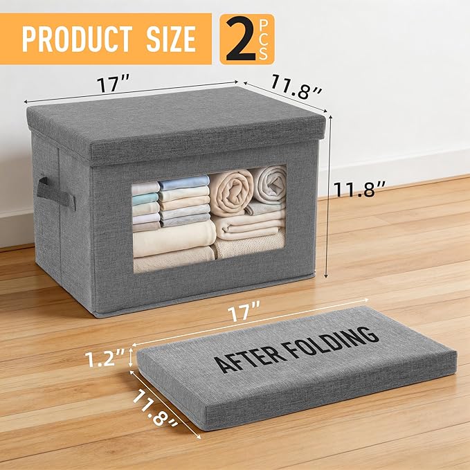 2-Pack Collapsible Storage Bins with Lids, Linen Fabric Foldable Storage Boxes, Cube Closet Organization for Clothes, Blankets, Books, Gray