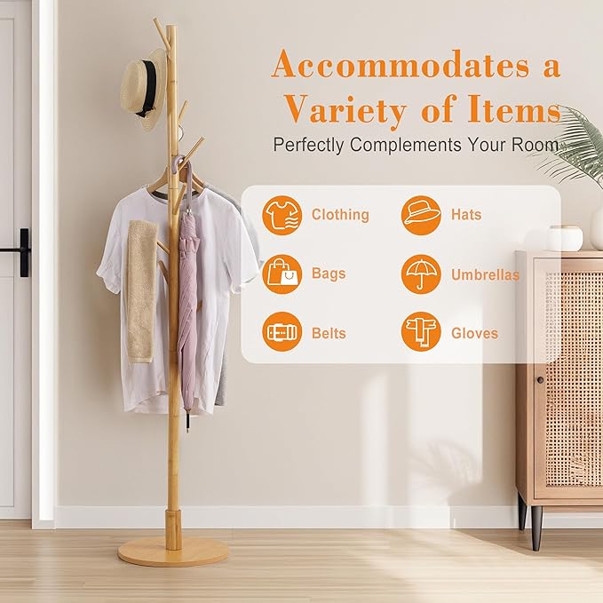VECELO Coat Rack Freestanding, Entryway Hanger Stand, Umbrella Holder, Hall Tree With Hooks, Floor Standing Metal Tree Stand,Light Wood