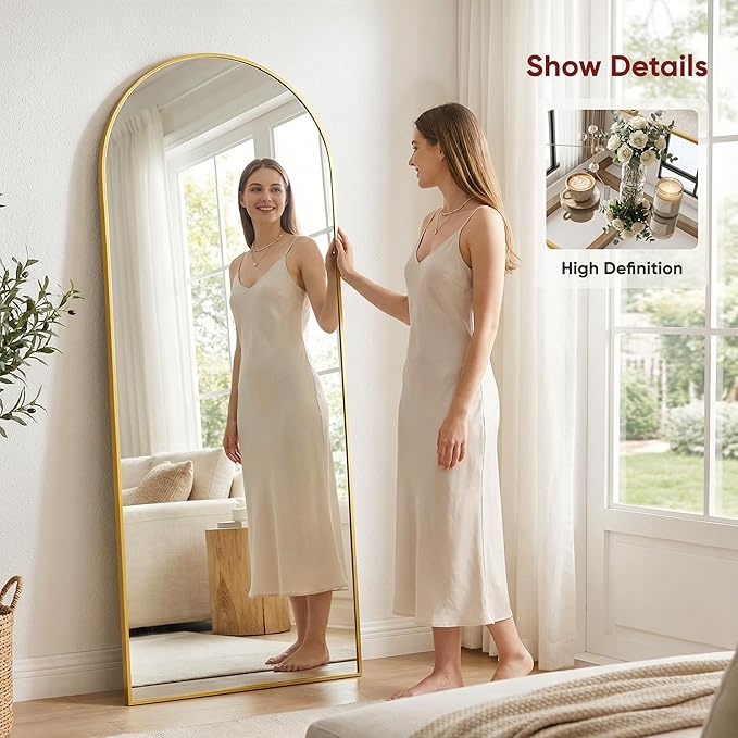 Antok Full Length Floor Mirror Arched Standing Mirror with Aluminum Frame - Freestanding Wall Mount Leaning Body Mirror for Bedroom Living Room Entryway, 71" L x 32" W, Gold