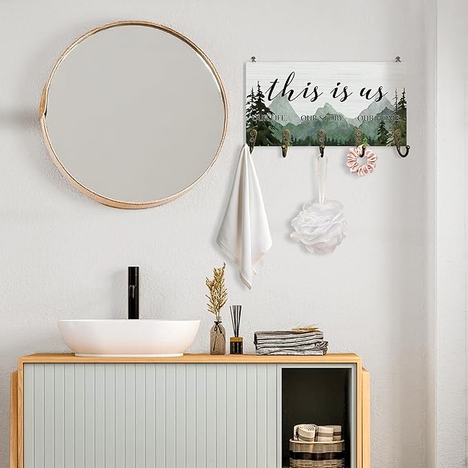 This is us Decor Key Holder for Wall 10"x5.12", Inspiration Sign Key Hanger Wall Mount, Family Quotes Rustic Forest Mountain Wooden Hanging Keys Holder Decor for Entryway Front Door（5 Hooks）