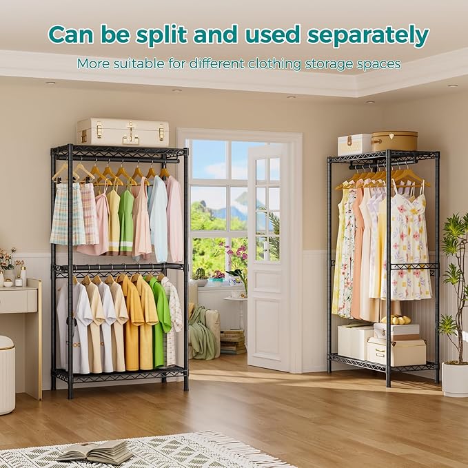 SINGAYE Clothes Rack Portable Closet Coat Wardrobe Heavy Duty Clothing Racks System Organizers and Storage for Hanging Clothes Garment Rack Adjustable with Shelves Black