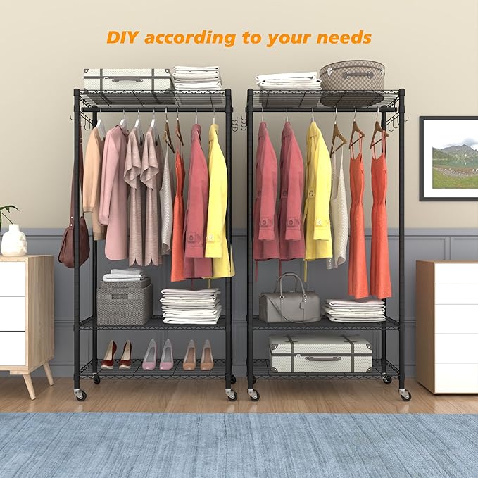 Rolling Portable Garment Rack, Freestanding Clothes Rack with 3 Adjustable Wire Shelves, 2 Side Hooks, Black