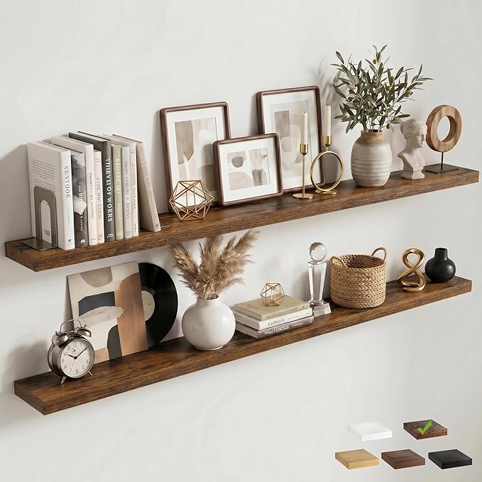 Venusmiles Floating Shelves for Wall, 72 Inch Floating Shelves Set of 2, 6.5" D Wooden Wall Mounted Display Shelves with Invisible Brackets for Living Room, Bedroom, Bathroom, Kitchen Decor, Brown