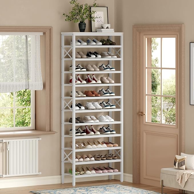 YATINEY 12-Tier Tall Shoe Rack Organizer, Wooden Shoe Storage for Closet Holds 48 Pairs, Sturdy Shoe Shelf with X-Shaped Metal Support, for Entryway, Bedroom, White SS212WW