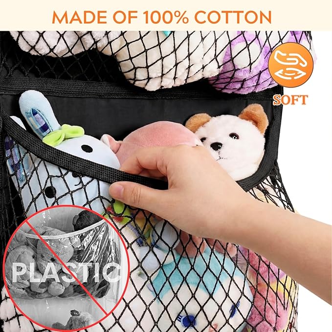 Ofiray-home Over The Door Stuffed Animal Storage, Cotton Toy Organizer for Storage Plush Toys, Stuffed Animal Holder with 4 Large Pockets, Hanging Door Organizer for Nursery, Bedroom (Black)