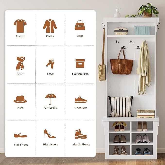 IRONCK Hall Tree with Bench and Shoe Storage, 6-in-1 Entryway Bench with Coat Rack, Adjustable Shelf, Hanging Hooks, 6 Shoe Cubbies, 2-Tier Top Storage, for Entryway, Bedroom, Living Room, White