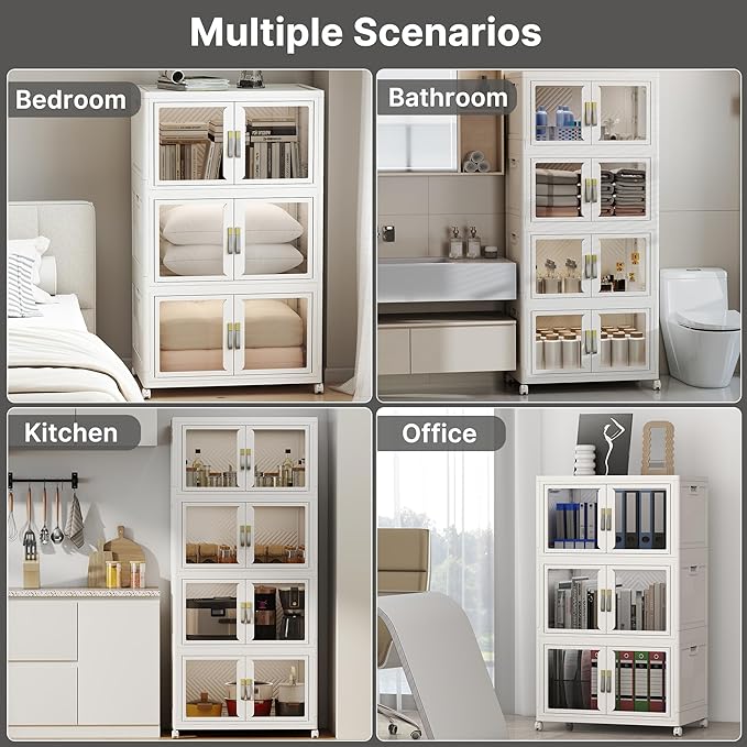 UAMFURI Stackable Storage Bins with Lids, Clear Doors, Large Storage Cabinet Foldable Collapsible Closet Organizers for Bedroom Dorm Office (2, White, 120, Quarts)