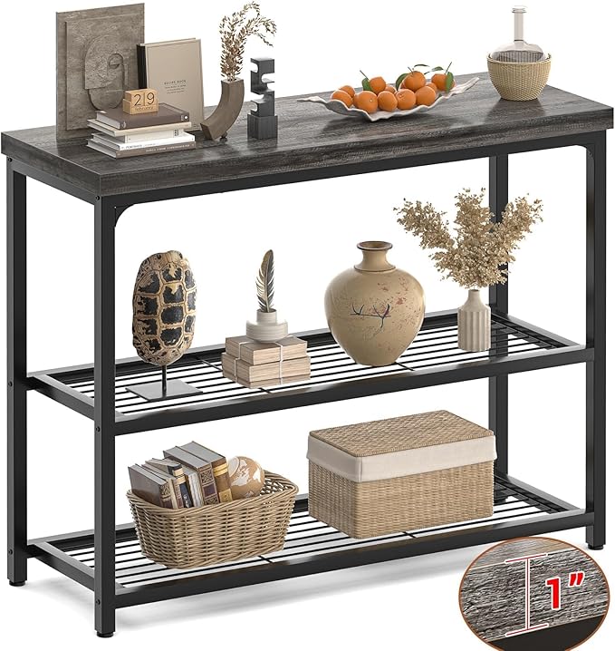 Besiost 32" Small Console Table with 3-Tier Storage, Industrial Narrow Entryway Table, Sofa Table Behind Couch for Hallway, Foyer & Living Room, Sturdy Metal Frame, Oak Grey