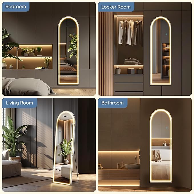 OLIXIS 16"×60" Arched LED Full Length Mirror with Lights, Standing Lighted Floor Full Body Mirror with 3 Color Lighting, Wall Mounted Mirrors for Bedroom, Home, Entryway with Tempered Glass