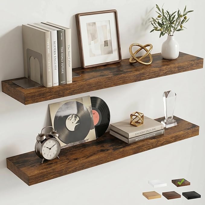 Venusmiles Floating Shelves for Wall, 32 Inch Floating Shelves Set of 2, 6.5" D Wooden Wall Mounted Display Shelves with Invisible Brackets for Living Room, Bedroom, Bathroom, Kitchen Decor, Brown