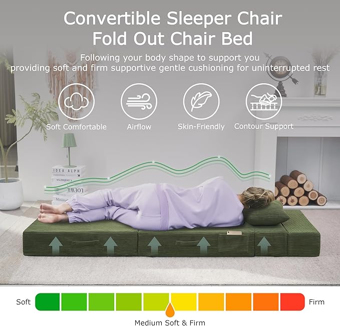 Folding Sofa Bed, 4 in 1 Convertible Sleeper Chair with Pillow, Single Memory Foam Fold Out Chair Bed, Modern Floor Futon Sofa Couch Mattress for Living Room/Guest/Apartment, Green | Convertible