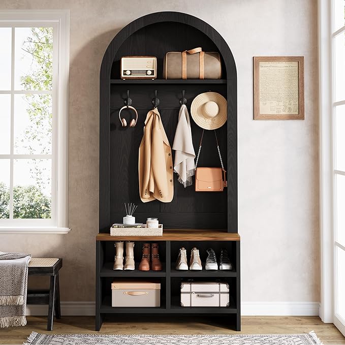 Tribesigns Arched Hall Tree with Bench and Shoe Storage, 70.87" H Tall Coat Rack with Shoe Bench, 4-in-1 Entryway Coat Rack with 4 Hooks & Storage Cubbies, for Mudroom, Hallway, Bedroom, Black＆ Brown