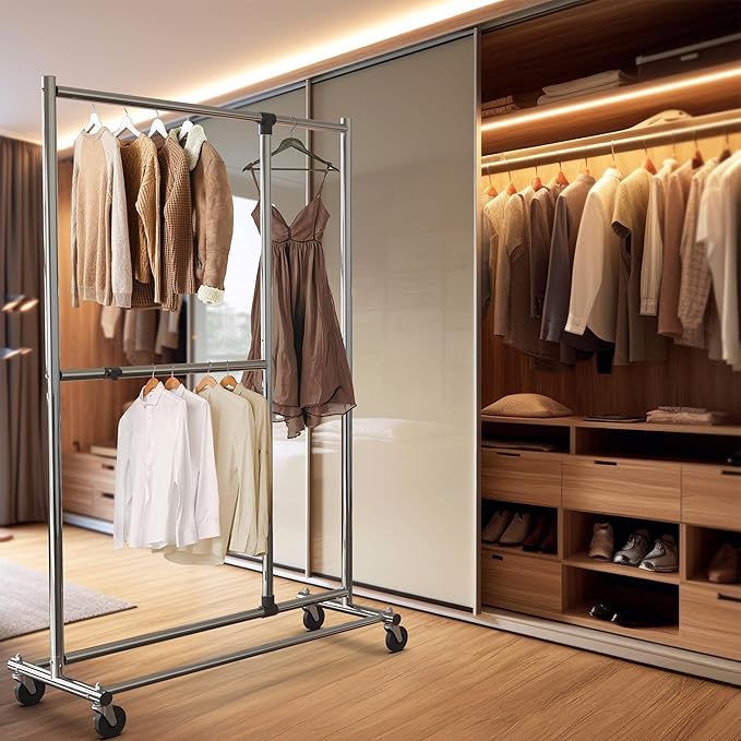 Simple Houseware Dual Bar Adjustable Clothing Garment Rack, 72 Inches Height, Chrome