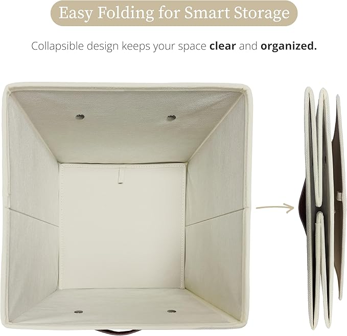 DECOMOMO Storage Bins, Cube Storage Bin with Labels, Fabric Storage Cubes for Shelves (10.5" x 11" / 2pcs, Beige)