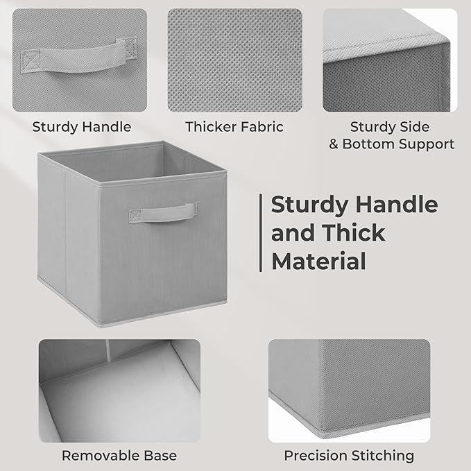 11 Inch Fabric Storage Bins, Storage Cubes, Collapsible Cube Storage Box, Fabric Closet Organizers with Handle for Home, Office, Shelf, Closets, Bedroom, Living Room, Grey, 5 Pack