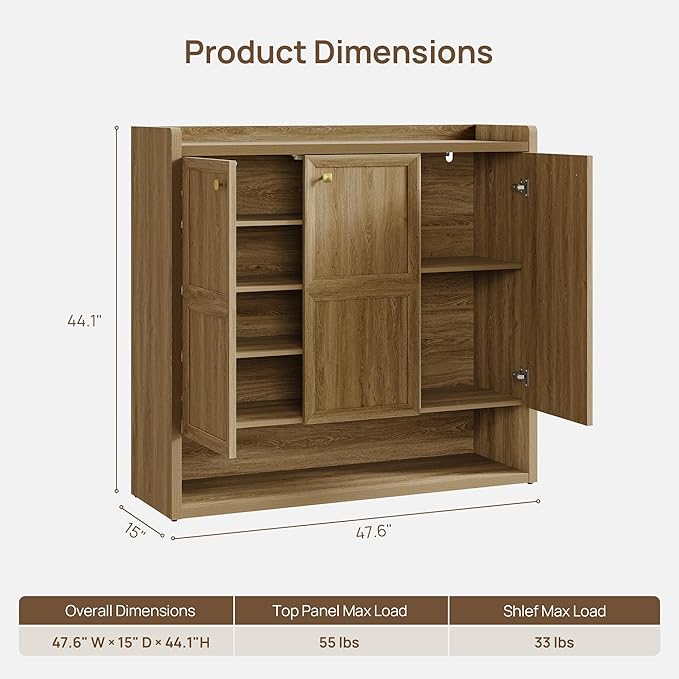 SICOTAS Shoe Storage Cabinet for Entryway, 47.6" Wide 6-Tier Extra Large with 3 Doors, Holds up to 30 Pairs, Adjustable Shelves Shoes Rack Organizer for Hallway, Brown Oak