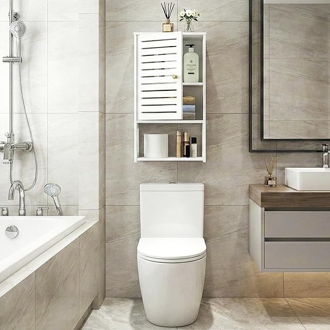 4-Tier Wall Bathroom Storage, White Cabinet with Door & Open Shelf, Space-Saving Organizer for Bathroom, Kitchen, Entryway (7.9" D x 11.8" W x 22.4" H)