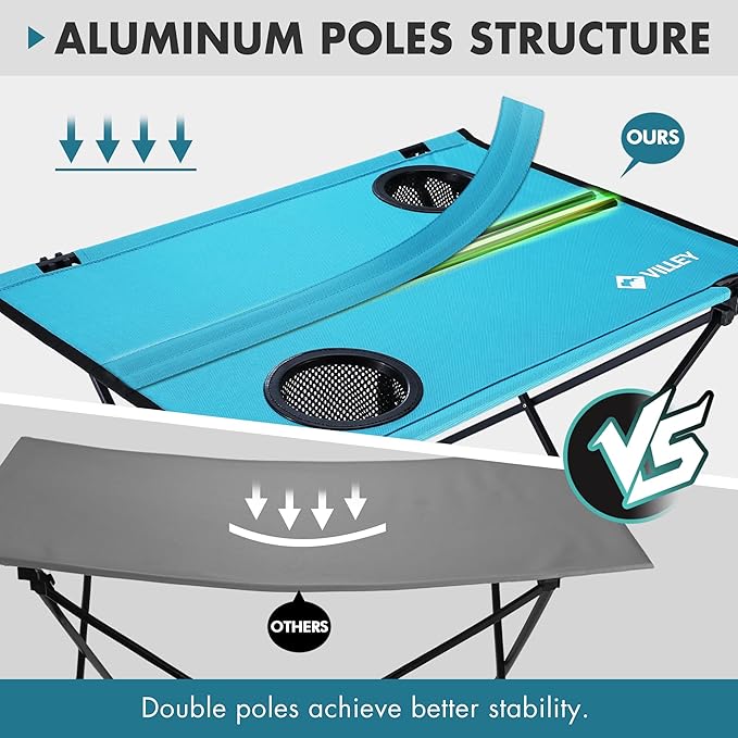 VILLEY Folding Camping Table, Lightweight Portable Beach Table with 2 Cup Holders & Carry Bag for Camping, Beach, Fishing, Travel, and Outdoor Activities(Small)