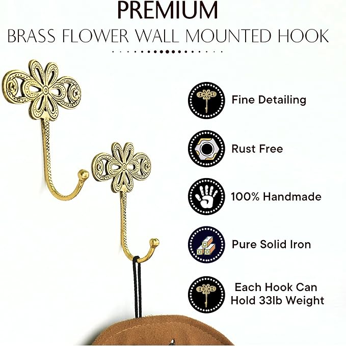 Indian Shelf 33 Lb. 3 Pieces Key Holder Flower Vintage Brass Decorative Wall Hooks for Hanging Unique Coat Rack Wall Mount Antique Towel Hangers Gold