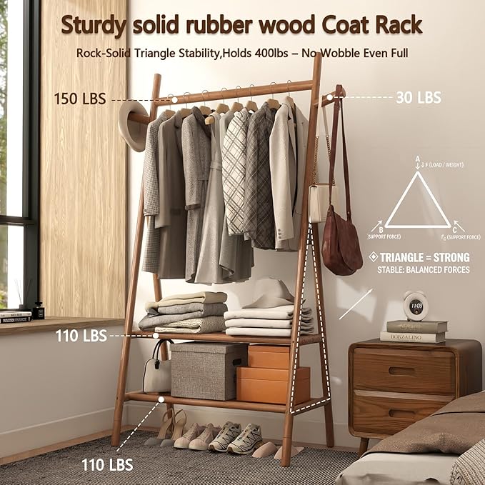 Solid Wood Clothes Rack with 2 Shelves & Hooks, Freestanding Garment Rack & Coat Rack Load 350 Lbs for Hanging Clothes & Organizer, Simple and Practical for Entryway Bedroom Living Room 39.5W
