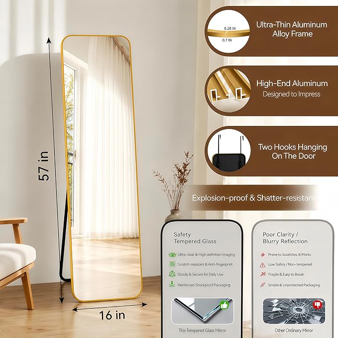 NARCISSUS 57x16 Mirror Door Hanging Full Length Body with Floor Stand or Wall Mounted Metal Aluminum Frame Tempered Glass Rectangle Mirrors for Bedroom Dressing Living Room Bathroom 57 inch Gold