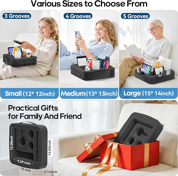Couch Cup Holder Tray, Couch Caddy for Drink, Snack, Phone, Remote, Ipad, Game Controller, Large-Size Sofa Cup Holder for Bed, Sofa, Car, Desk, Black