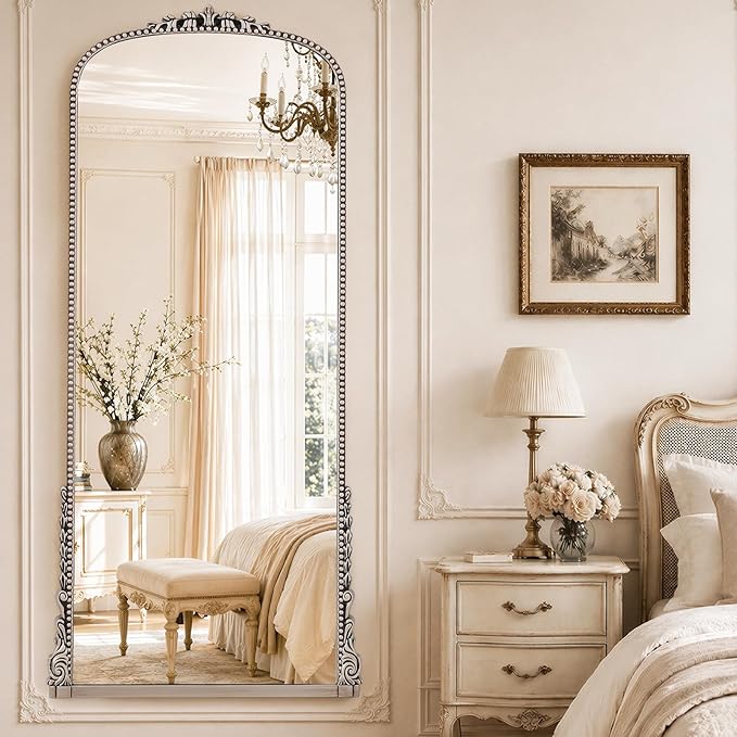 Antique Full Length Mirror 71" x 32", Antique Silver Arched Large Vintage Mirror in Baroque Style with Tempered Glass, Freestanding for Bedroom, Living Room, Cloakroom