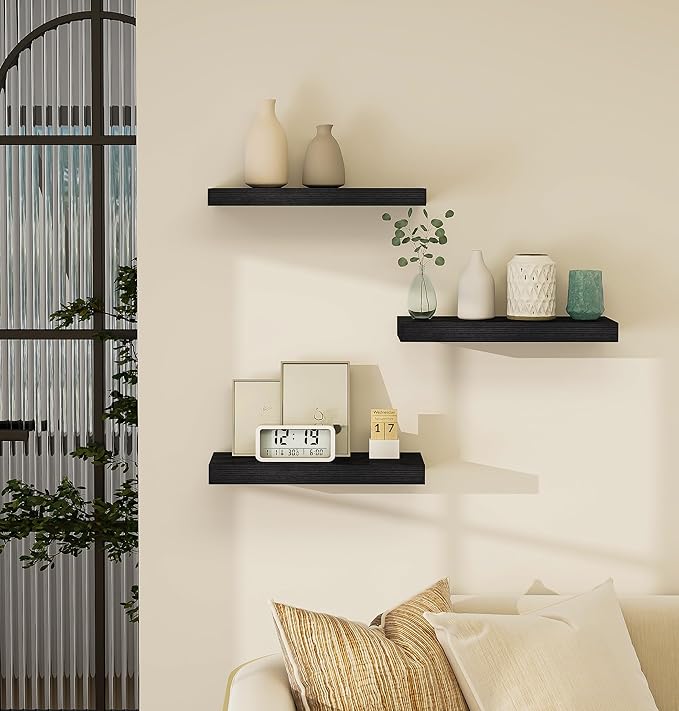 Vervida® Floating Shelves for Wall, 15" Rustic Wood Deep Wall Mounted Shelves with Invisible Brackets for Decor & Storage, Floating Shelf for Living Room, Bathroom (Black, Set of 3)