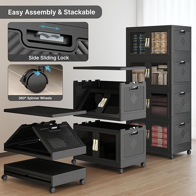 UAMFURI Stackable Storage Bins with Lids, Clear Doors, Large Storage Cabinet Foldable Collapsible Closet Organizers for Bedroom Dorm Office (4, Black, 120, Quarts)