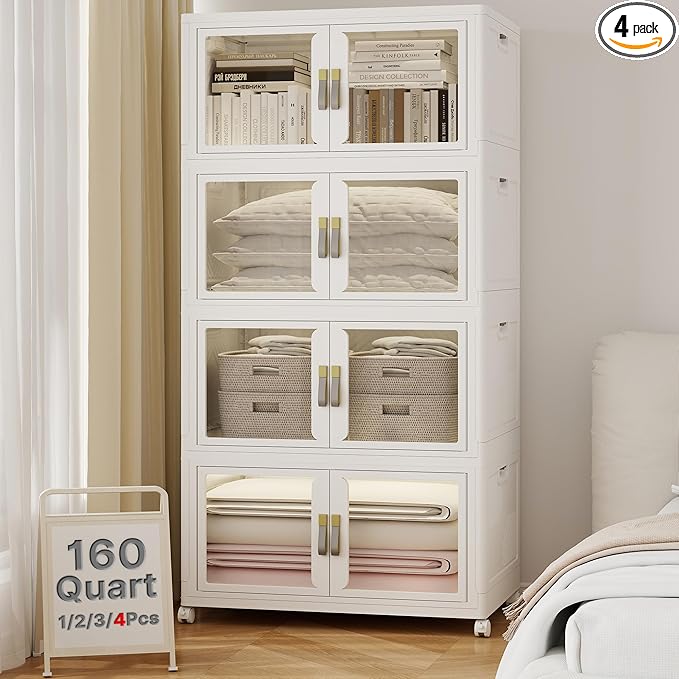 UAMFURI Stackable Storage Bins with Lids, Clear Doors, Large Storage Cabinet Foldable Collapsible Closet Organizers for Bedroom Dorm Office (4, White, 160, Quarts)