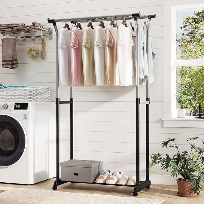 Giantex Double Rod Clothing Rack, Portable Garment Clothes Rack with Adjustable Height & Wheels, Heavy-Duty Metal Rolling Wardrobe Rack for Bedroom, Laundry, Dressing Room