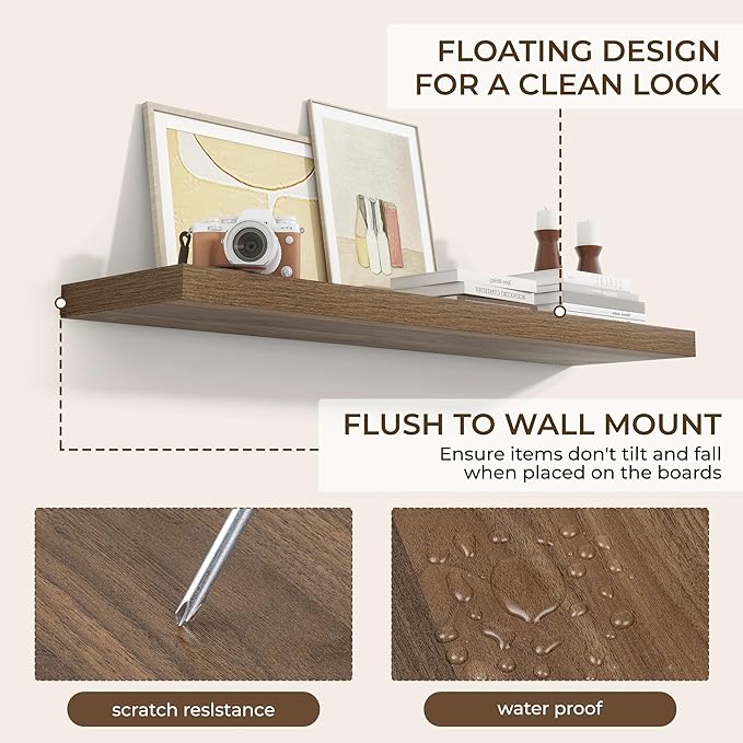 RICHFOCUS 40Inch Floating Shelves for Wall 1 Pack Shelves for Bedroom|Kitchen|Bathroom|Laundry Room Rustic Wood Wall Mounted Shelf with Invisible Brackets for Books|Storage|Decor, Walnut