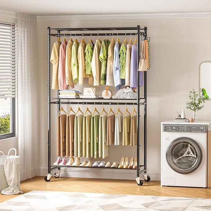 Neatrays Rolling Clothes Rack for Hanging Clothes, 47.2"x 11.8"x 79" Large Capacity Garment Rack with Double Rods & 3 Wire Shelves, Portable Closet with Wheels for Bedroom, Laundry, Balcony (Black)