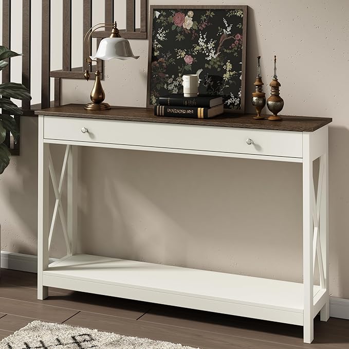 Treocho 47" Farmhouse Console Table with Drawer and Storage Shelves, Foyer Sofa Table Narrow for Entryway, Living Room, Hallway, Antique White & Brown
