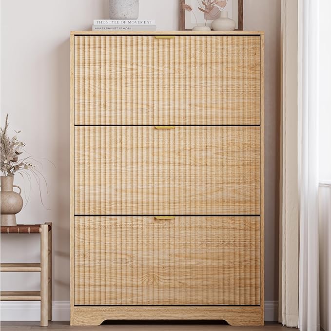 BORNOON Entryway Shoe Cabinet with 3 Flip Drawers, Narrow Shoe Organizer Cabinet with Fluted Panel and Adjustable Shelves for Foyer, Hallway