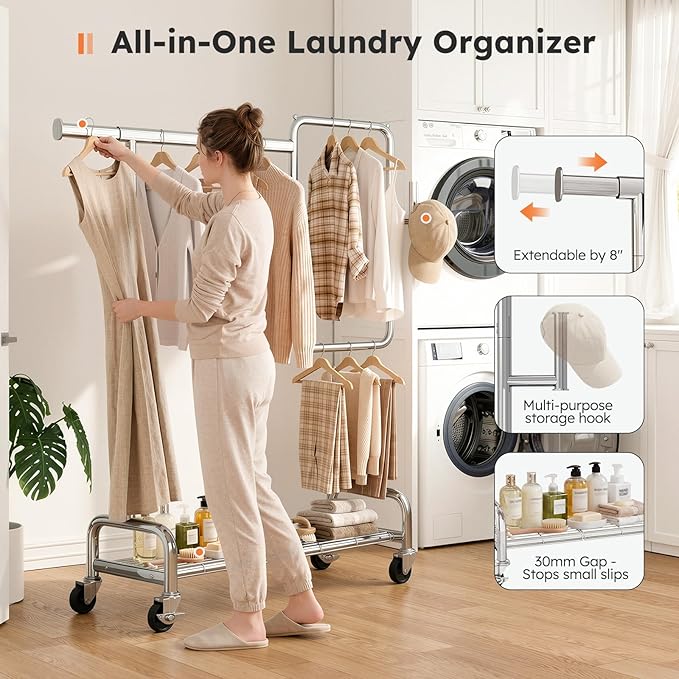 SOLEDI Heavy Duty Partitioned Clothes Rack, 600 LBS Load Metal Garment Rack with Shelves & Lockable Wheels, Rolling Hanging Rack for Bedroom, Laundry Room, Store & Garage (Silver)