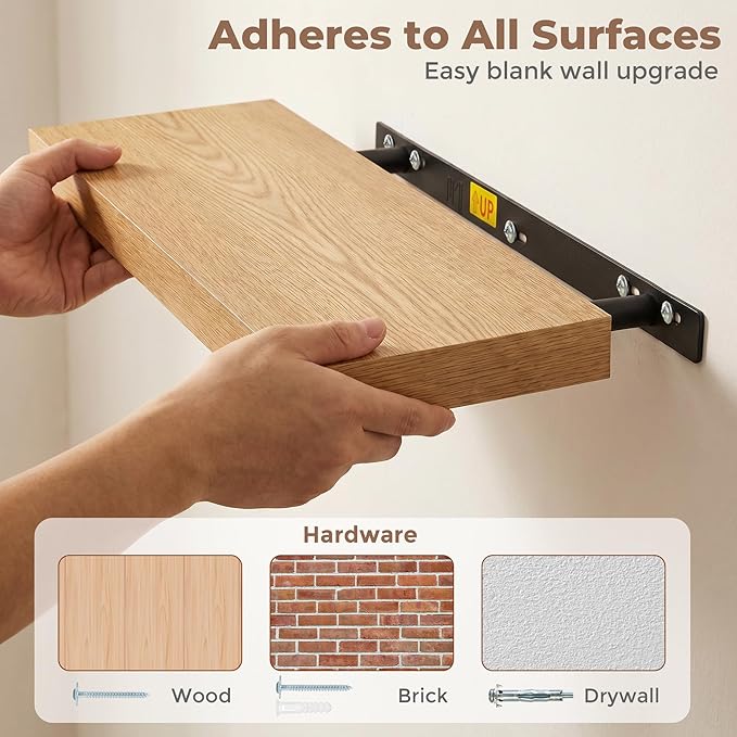 Venusmiles Floating Shelves for Wall, 24 Inch Floating Shelves Set of 2, 6.5" D Wooden Wall Mounted Display Shelves with Invisible Brackets for Living Room, Bedroom, Bathroom, Kitchen Decor, Oak