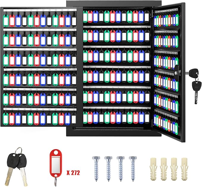 272 Keys Key Lock Box Wall Mount with 272 Numbered Hooks and 272 Colored Key Tags, Anti-Theft Key Cabinet with Key Return Drop Slot, Key Storage Box Key Organizer for Car Garage Home Office