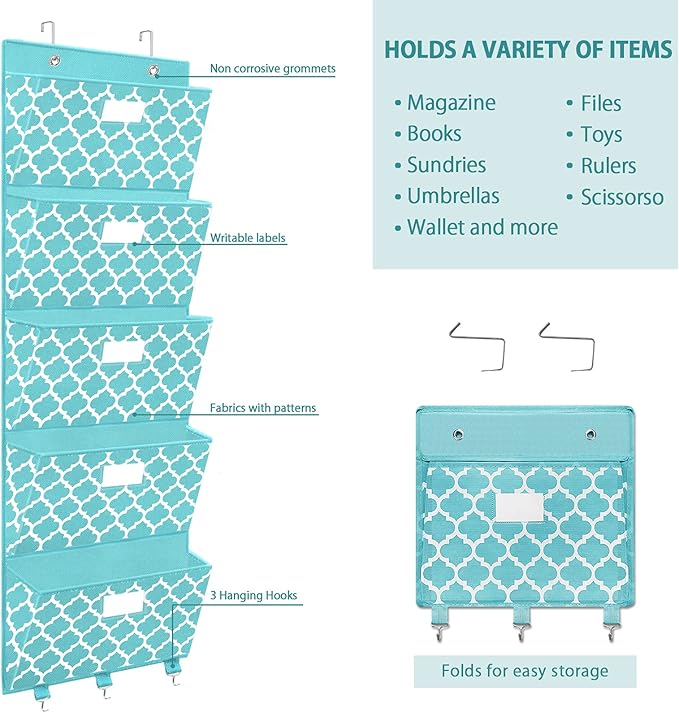 Over the Door File Organizer, Hanging File Folders, Wall Organizers and Storage for Mail, Magazine, Notebooks, Planners, Office, Classroom, 5 Extra Large Pockets, 50.39” Tall (Blue Lantern Pattern)