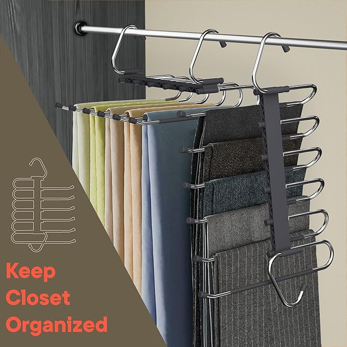 Campior Space Saving Pants Hangers 2 Pack, 6 Layer Jeans Hangers and Closet Organizer for Jeans, Scarves, & Skirts, Multi-Layer Hanger with Anti-Slip Stopper, Heavy-Duty S-Type Stainless Steel, Gray