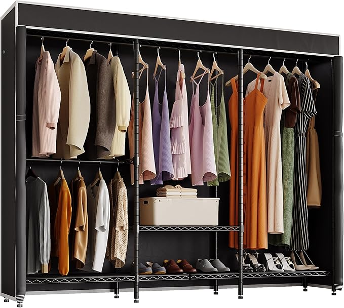 Higeego H8 Garment Rack with Cover, Portable Closet for Hanging Clothes, Heavy Duty Clothes Rack Wardrobe Closet Organizer and Storage, Black Clothing Rack Shelf with Black Fabric Cover
