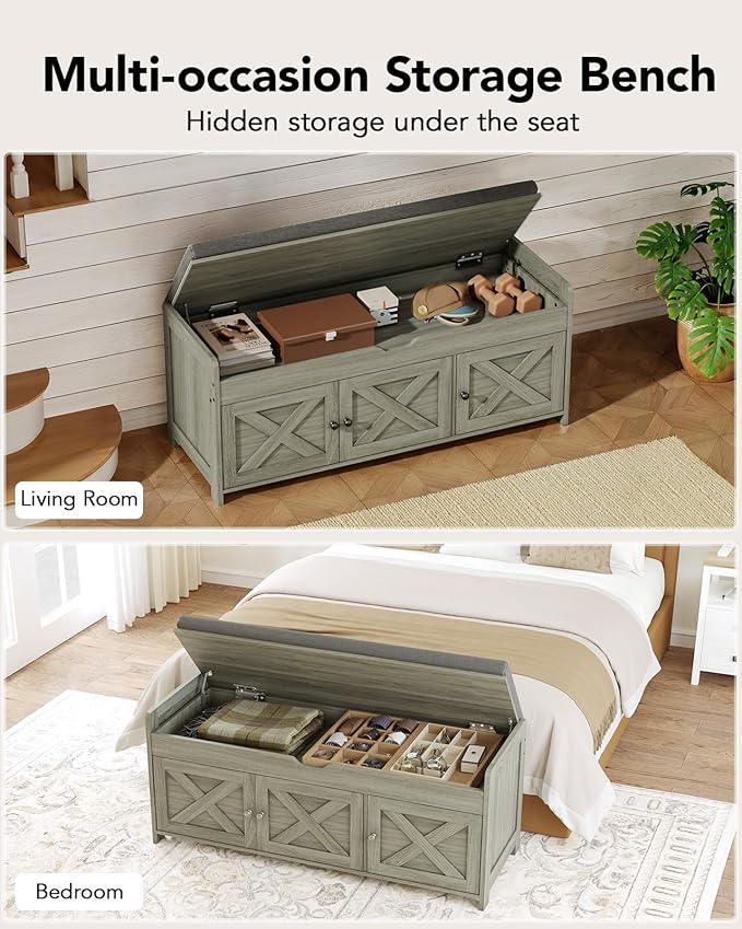 Pipishell 2-Tier Shoe Storage Bench with Cushioned Seat, Entryway Bench with Adjustable Shelf & Barn Doors, 300 lbs Capacity, 39.4" W x 16" D x 18" H, for Entryway, Bedroom, Living Room, Gray