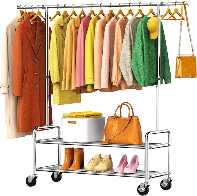 Heavy Duty Clothes Rack with Integrated Shelves Loads 760 LBS, Rolling Clothing Rack for Hanging Clothes, Stainless Steel Garment Rack with Sturdy Wheels Hooks, Portable & Adjustable Coat Rack